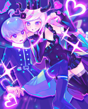 1boy 1girl ahoge belt black_dress black_flower black_horns blue_belt blue_footwear blue_jacket blue_pants boots braid breasts bright_pupils chain chain_leash cleavage criss-cross_halter crown dress fingerless_gloves flower frilled_dress frills gloves glowing halterneck hands_up heart highres holding holding_chain horns iro_(mywife_sunny) jacket large_breasts leash long_hair long_sleeves looking_at_another master_detective_archives:_rain_code multicolored_hair open_mouth pants pink_hair purple_eyes purple_hair shinigami_(rain_code) short_hair smile sparkle sweatdrop twin_braids two-tone_hair white_hair white_pupils yuma_kokohead