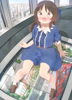 1girl 22m absurdres blue_shirt blue_skirt bobby_socks brown_eyes brown_hair brown_shoes embarrassed highres idolmaster idolmaster_cinderella_girls loli long_hair miniskirt open_mouth pee peeing peeing_self shirt shoes short_sleeves skirt socks solo tachibana_arisu white_socks