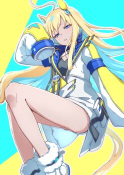 Rule 34 | 1girl, absurdres, ahoge, animal ears, bandeau, black bandeau, blonde hair, blue eyes, blue hair, blush, boots, breasts, coat, colored inner hair, danboru (jdanboru1182), diamond hair ornament, ear covers, ear ornament, hair between eyes, hair ornament, highres, horse ears, horse girl, horse tail, jacket, long hair, long sleeves, looking at viewer, multicolored hair, neo universe (umamusume), neo universe (universe-naut) (umamusume), parted lips, single ear cover, sleeves past fingers, sleeves past wrists, solo, tail, two-tone hair, umamusume, white boots, white coat, white jacket