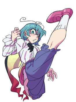 1girl absurdres antennae blue_shorts blush broken_leg cape collared_shirt eddybird55555 frilled_sleeves frills green_eyes green_hair highres imperishable_night legs_up long_sleeves non-web_source open_mouth pointy_ears puffy_pants red_footwear shirt short_hair shorts socks solo touhou white_background white_shirt white_socks wriggle_nightbug