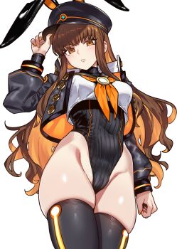 1girl absurdres adapted_costume animal_ears black_hat black_jacket black_thighhighs blush breasts brown_eyes brown_hair covered_navel ebora fake_animal_ears fate/grand_order fate_(series) hat highres jacket kishinami_hakuno_(female) kishinami_hakuno_(female)_(mooncancer) leotard long_hair looking_at_viewer rabbit_ears sidelocks solo thighhighs