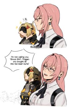 3girls absurdres ammunition_pouch anger_vein blindfold_mask blonde_hair blush breasts closed_mouth commentary covered_eyes crying earrings eating english_commentary english_text food glasses hair_ornament highres horns hourglass_earrings jewelry large_breasts long_hair looking_at_another mask multiple_girls open_mouth pink_hair pouch red_eyes shirt simple_background soukaku_(zenless_zone_zero) sparkle speech_bubble steamed_bun triangle_hair_ornament trigger_(zenless_zone_zero) tsukishiro_yanagi twitter_username white_background white_shirt yuri zanqi zenless_zone_zero