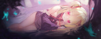 1girl backlighting bare_shoulders black_kimono black_skirt blue_butterfly blunt_bangs blunt_ends blush breasts bug butterfly butterfly_hair_ornament closed_mouth commentary criss-cross_halter day forest frown green_hair hair_ornament hair_ribbon halterneck highres hime_cut insect japanese_clothes kimono light_particles long_hair long_ribbon long_sleeves looking_at_viewer lying miniskirt muchun_(2571268436) murasame_(senren) nature on_side outdoors pleated_skirt pom_pom_(clothes) red_eyes red_ribbon ribbon senren_banka sidelocks skirt small_breasts solo thighs two_side_up water wide_sleeves