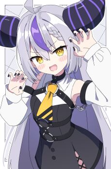 1girl :d absurdres ahoge bare_shoulders black_dress blush_stickers border claw_pose commentary_request cowboy_shot detached_sleeves dress grey_hair hair_between_eyes hands_up highres hololive kaie la+_darknesss long_hair long_sleeves looking_at_viewer multicolored_hair open_mouth outline outside_border purple_hair sleeveless sleeveless_dress smile solo streaked_hair two-tone_hair virtual_youtuber white_border white_outline white_sleeves yellow_eyes