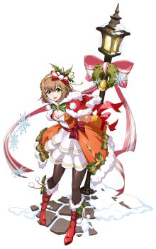 Rule 34 | 1girl, arms behind back, badge, bell, black pantyhose, boots, box, breasts, brown hair, button badge, capelet, christmas, christmas present, christmas wreath, cleavage, dress, elma (langrisser), floating ribbon, footwear ribbon, full body, fur-trimmed boots, fur-trimmed capelet, fur-trimmed dress, fur trim, game cg, gift, gift box, green eyes, green ribbon, hair between eyes, hair ornament, hair ribbon, hairband, happy, highres, holding, holding behind back, holding gift, holly, holly hair ornament, hood, hooded capelet, lamppost, langrisser, langrisser mobile, langrisser re:incarnation, layered dress, leaning forward, looking at viewer, medium hair, multicolored dress, official alternate costume, official art, open mouth, orange dress, pantyhose, pom pom (clothes), pom pom hair ornament, red boots, red capelet, red ribbon, ribbon, second-party source, simple background, small breasts, smile, snow, snowflakes, snowing, solo, standing, tachi-e, teeth, transparent background, upper teeth only, waist ribbon, white dress, white ribbon, winter, winter clothes, wreath, yellow hairband