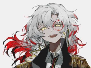 1boy black_jacket black_necktie chinese_commentary collared_shirt commentary_request epaulettes grey_background jacket long_hair lowres male_focus monochrome necktie open_mouth original portrait red-framed_eyewear red_hair shirt simple_background smile solo vihua6 white_hair white_shirt yellow_eyes