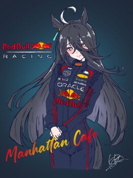 1girl animal_ears black_hair black_jumpsuit blush car closed_mouth formula_racer highres horse_ears horse_girl horse_tail jumpsuit kerotan_(belle_reinedesu) long_bangs long_hair looking_at_viewer manhattan_cafe_(umamusume) motor_vehicle race_vehicle racecar racing_suit red_bull sidelocks smile solo tail umamusume very_long_hair yellow_eyes