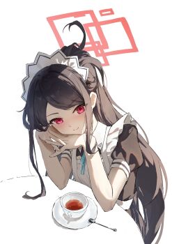 1girl absurdly_long_hair black_dress black_hair blue_archive dress hair_between_eyes halo kei_(blue_archive) lao_wo long_hair long_hair_between_eyes looking_at_viewer maid_headdress ponytail puffy_short_sleeves puffy_sleeves rectangular_halo red_eyes red_halo ringed_eyes short_sleeves smile solo very_long_hair