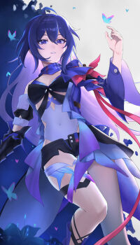 1girl absurdres ahoge asymmetrical_legwear black_hair black_shorts blue_butterfly blue_eyes blue_scarf blurry bokeh border breasts bug butterfly butterfly_on_hand chiaya_kusa cleavage commentary_request covered_navel depth_of_field detached_sleeves field fingernails flower hair_between_eyes highres honkai:_star_rail honkai_(series) insect long_hair looking_at_viewer medium_breasts night parted_lips scarf seele_(honkai:_star_rail) short_shorts shorts smile solo uneven_legwear white_border white_flower