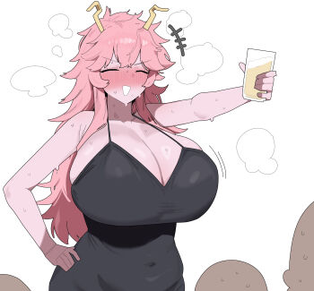 1girl 3boys absurdres alcohol alternate_breast_size_(larger) ashido_mina beer black_dress blush boku_no_hero_academia breasts citizen_k_(pngj5475) cleavage closed_eyes colored_skin commentary cup dress drinking_glass hand_on_own_hip highres holding holding_cup horns huge_breasts laughing long_hair multiple_boys open_mouth paid_reward_available pink_hair pink_skin sleeveless sleeveless_dress smile solo_focus standing sweat white_background