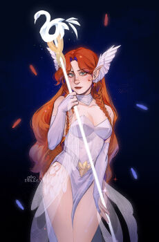 Rule 34 | 1girl, absurdres, aegyo sal, artist name, bannerfall smp, blue background, braid, braided sidelocks, breasts, bridal gauntlets, choker, cleavage, clip studio paint (medium), commentary, cowboy shot, curtained hair, english commentary, eydilily, feathers, grey eyes, head wings, highres, holding, holding staff, leotard, lips, long hair, looking at viewer, medium breasts, minecraft youtube, orange hair, pointy ears, simple background, solo, soupforeloise, staff, standing, very long hair, white bridal gauntlets, white choker, white leotard, wings