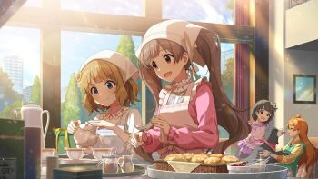 4girls animal blue_eyes brown_eyes brown_hair closed_mouth commentary_request cup day dog food game_cg hakozaki_serika holding holding_cup idolmaster idolmaster_million_live! idolmaster_million_live!_theater_days indoors junior_(idolmaster) light_particles long_hair long_sleeves multiple_girls nakatani_iku official_art ogami_tamaki open_mouth pink_shirt pouring precure shirt short_hair smile smile_precure! standing suou_momoko tea teapot third-party_source twintails