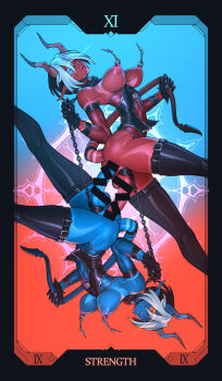 2futa bar_censor black_gloves blue_eyes blue_skin breasts censored collar colored_skin demon_girl demon_horns demon_tail futa_with_futa futanari gloves highres horns large_breasts multiple_futa mutual_penetration navel nipple_piercing nipples one_eye_closed original piercing red_eyes red_skin short_hair spiked_chain strength_(tarot) symmetry tail tail_pull tailbox tarot testicles thick_thighs thighhighs thighs