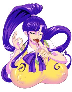 1girl absurdres banana blunt_bangs bow breasts chocolate-covered_food chocolate_banana collared_shirt commentary covered_erect_nipples eating eiken english_commentary food fruit fruitofcrystal gigantic_breasts green_eyes high_ponytail highres impossible_clothes long_hair misono_kirika ok_sign ponytail purple_bow purple_hair school_uniform shirt sidelocks sweater_vest very_long_hair yellow_sweater_vest zashono_academy_school_uniform