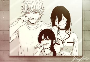 1boy 2girls braid braided_ponytail brushing_teeth chainsaw_man choker closed_eyes denji_(chainsaw_man) grenade_pin hair_between_eyes holding holding_toothbrush koya_(koya_x_00) mirror mole mole_under_eye multiple_girls nayuta_(chainsaw_man) pajamas red_eyes reflection reflection_focus reze_(chainsaw_man) ringed_eyes shirt short_hair toothbrush yellow_eyes