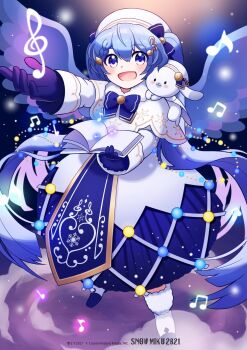 1girl aqua_eyes aqua_hair beret blue_bow blue_gloves blue_tabard blush book bow braid capelet character_name commentary_request dress fortissimo gloves gold_trim hair_between_eyes hair_ornament hat hatsune_miku highres holding holding_book long_hair long_sleeves looking_at_viewer musical_note musical_note_hair_ornament norikkonori official_alternate_costume official_alternate_hairstyle open_mouth rabbit_yukine smile snowflake_print snowing tabard twintails very_long_hair vocaloid white_capelet white_hat yuki_miku yuki_miku_(2021)