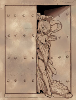 Rule 34 | 1boy, 1girl, absurdres, breasts, chinese clothes, chinese commentary, closed mouth, cloud, commentary request, door, ebonyxh, eylin eyla (ebonyxh), grabbing another's hair, hagoromo, highres, holding another's hair, licking lips, long sleeves, looking at viewer, nipple piercing, nipple rings, original, piercing, ringed eyes, shawl, shoes, short hair, small breasts, smile, solo focus, tongue, tongue out