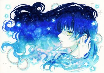 Rule 34 | 1girl, blue hair, bracelet, colorful, commentary request, cropped shoulders, dai dai da, expressionless, eyelashes, flower, from side, green eyes, hair focus, hand up, highres, jewelry, long hair, marker (medium), original, parted lips, pearl bracelet, profile, solo, star (symbol), star in eye, symbol in eye, traditional media, unworn bracelet