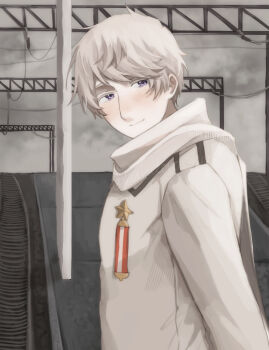 1boy arms_behind_back axis_powers_hetalia blush closed_mouth cloud cloudy_sky coat collared_coat commentary_request day from_side grey_hair grey_sky harutoro_39487 highres long_sleeves looking_at_viewer male_focus medal outdoors purple_eyes railroad_tracks russia_(hetalia) scarf short_hair sky smile solo star_ornament train_station upper_body white_coat white_scarf