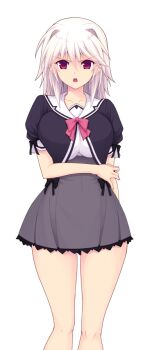 Rule 34 | 1girl, :o, arisia hellioxenes, bow, breasts, game cg, grey skirt, hair intakes, hand on own arm, kourin tenshi en ciel rena, lace, lace trim, large breasts, large variant set, long hair, looking at viewer, non-web source, official art, open mouth, pleated skirt, puffy sleeves, purple eyes, red eyes, saitou natsuki, school uniform, short sleeves, skirt, solo, standing, straight-on, suhamaya, transparent background, variant set, white hair