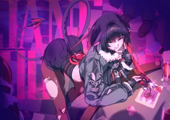 1girl absurdres animal_ears artist_name ass beer_mug black_gloves black_hair black_necktie black_pantyhose black_shorts breasts coin commentary cropped_jacket cup drinking_glass fingerless_gloves fur-trimmed_jacket fur_trim gloves gradient_hair green_eyes green_jacket hand_up high-waist_shorts highres holding holding_knife id_card jacket jane_doe_(zenless_zone_zero) karambit knife large_breasts leaning_on_table licking_lips long_hair looking_at_viewer mouse_ears mouse_girl mouse_tail mug multicolored_hair nail_polish necktie onshigou pantyhose pantyhose_under_shorts people poker_table purple_theme red_hair red_nails shorts sidelocks solo_focus table tail tongue tongue_out torn_clothes torn_pantyhose wanted_poster zenless_zone_zero