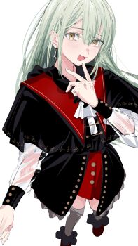 1girl absurdres ascot bang_dream! bang_dream!_it's_mygo!!!!! black_capelet black_skirt capelet commentary earrings green_hair grey_thighhighs hair_between_eyes hand_up hashtag-only_commentary highres jewelry long_hair long_sleeves looking_at_viewer mortis_(bang_dream!) mortis_(costume)_(bang_dream!) mortis_(persona)_(bang_dream!) open_mouth peke_(pekeiscat) red_shoes red_shorts see-through_clothes see-through_sleeves shirt shoes shorts shorts_under_skirt sidelocks simple_background skirt smile solo thighhighs wakaba_mutsumi white_ascot white_background white_shirt yellow_eyes