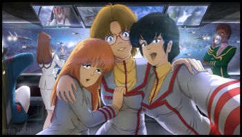 2boys 6+girls afro arguing black_hair brown_hair bruno_j._global choujikuu_yousai_macross claudia_lasalle dark_skin dress fleet glasses grin hat hayase_misa highres ichijou_hikaru kim_kamirov hayase_misa long_hair looking_at_viewer lynn_minmay macross military_uniform multiple_boys multiple_girls music nebula orange_hair pilot ichijou_hikaru robotech rodypaxten science_fiction screen sdf-1 selfie shammy_milliome short_hair singing smile space spacecraft spacecraft_interior spanish_commentary star_(symbol) star_symbol_background thrusters u.n._spacy vanessa_laird variable_fighter vf-1 window