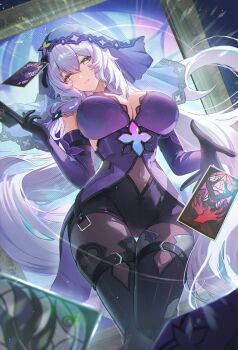 Rule 34 | 1girl, absurdres, black boots, black gloves, black pantyhose, black shorts, black swan (honkai: star rail), boots, breasts, card, cleavage, commentary, dress, gloves, highres, honkai: star rail, honkai (series), large breasts, long hair, looking at viewer, multicolored eyes, pantyhose, picture frame, purple dress, purple hair, purple veil, shorts, solo, suisen (suisenhwa), tarot, tarot card, two-tone eyes, veil, very long hair