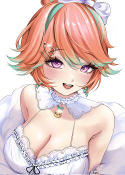 1girl babydoll breasts cleavage fluffy_clothes frills green_hair hair_bun highres hololive hololive_english jacket large_breasts multicolored_hair nimi_sama official_alternate_costume official_alternate_hairstyle orange_hair purple_eyes takanashi_kiara takanashi_kiara_(cozy) two-tone_hair virtual_youtuber white_babydoll