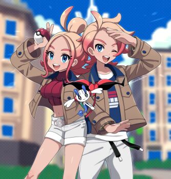 1boy 1girl ahoge blonde_hair blue_eyes breasts brown_jacket cowlick crop_top floette floette_(eternal) gen_6_pokemon gradient_hair happy jacket large_breasts long_sleeves midriff mismatched_eyebrows multicolored_hair nashirasauce navel nintendo one_eye_closed open_clothes open_jacket open_mouth pink_eyebrows pokemon pokemon_(creature) pokemon_legends:_z-a shirt shorts smile stomach taunie_(pokemon) teeth urbain_(pokemon)