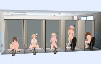 5girls blonde_hair blush breasts brown_hair censored flat_chest medium_breasts mosaic_censoring multiple_girls nipples peeing pubic_hair pussy red_ribbon ribbon small_breasts squat_toilet squatting standing_pee tagme toilet toilet_use