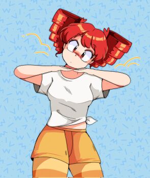 1980s_(style) 1girl blue_background commentary corrupted_twitter_file drill_hair highres jenna_(rainynebula) kasane_teto looking_at_viewer midriff_peek oldschool red_eyes red_hair retro_artstyle shirt shorts solo symbol-only_commentary tied_shirt twin_drills utau white_shirt yellow_shorts