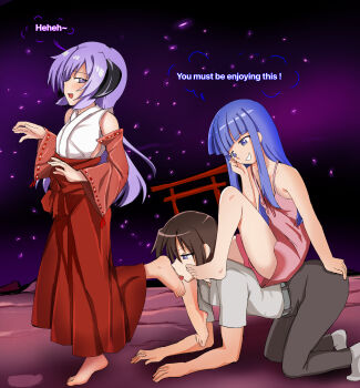 1boy 2girls barefoot blue_eyes blue_hair drawskeiichi feet foot_worship furude_rika grin hanyuu highres higurashi_no_naku_koro_ni horns licking_foot long_hair maebara_keiichi multiple_girls open_mouth purple_eyes purple_hair sitting sitting_on_person smile toes
