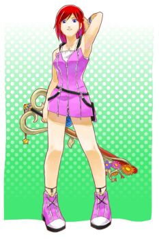 1girl armpits blue_eyes closed_mouth dress full_body highres holding holding_weapon jewelry kairi_(kingdom_hearts) katoooooooouu keyblade kingdom_hearts kingdom_hearts_ii looking_at_viewer medium_hair necklace red_hair skirt sleeveless solo weapon zipper_dress