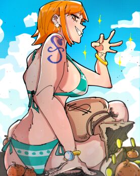 1girl 2024 absurdres adapted_costume aqua_bikini back-tie_bikini bangle bare_shoulders bikini blue_sky bracelet breasts coin commentary earrings falling_money food fruit gold_bangle gold_coin grin highres jewelry large_breasts looking_at_viewer midriff money_bag nami_(one_piece) nami_(one_piece)_(return_to_sabaody) ok_sign one_piece orange_eyes orange_hair parted_lips pearl_earrings persimmon short_hair shoulder_tattoo side-tie_bikini_bottom sideboob sitting sky smile solo sparkle sscarlet_art striped_bikini striped_clothes swimsuit tattoo teeth twitter_username