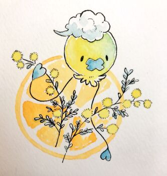 alternate_color commentary_request drifloon flower food fruit full_body gen_4_pokemon highres mint_nappa nintendo no_humans orange_(fruit) orange_slice painting_(medium) pokemon pokemon_(creature) shiny_pokemon simple_background solid_oval_eyes solo traditional_media watercolor_(medium) yellow_flower