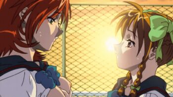 00s 2004 2girls animated animated_gif black_gate black_gate_kan_in_no_gakuen blue_bow blue_bowtie blush bow bowtie braid breasts brown_hair clothes_lift evening fence grabbing_another's_breast green_bow green_eyes groping groping_breast hair_bow hair_ribbon hasegawa_koyuki implied_fingering implied_masturbation katsuragi_fuu large_breasts lowres multiple_girls nipples open_clothes outdoors purple_eyes red_hair ribbon school school_rooftop school_uniform shirt shirt_lift short_hair size_difference small_female sun sweat tagme tall_female twin_braids white_shirt yuri