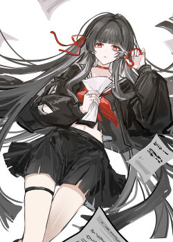 1girl akiko54124 arm_cutout arm_up black_hair black_shirt black_skirt chisa_(wuthering_waves) choker clothing_cutout commentary hair_ribbon highres holding holding_scissors jewelry long_hair long_sleeves looking_at_viewer midriff mole mole_under_eye navel neckerchief parted_lips red_eyes red_neckerchief red_ribbon ribbon sailor_collar school_uniform scissors serafuku shirt skirt solo tacet_mark_(wuthering_waves) thigh_strap very_long_hair white_background white_sailor_collar wuthering_waves