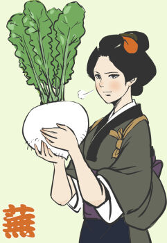 1girl apron blush female_focus hair_up japanese_clothes kimono nihongami nippori_honsha obi omamori original oversized_object sash sigh snorting solo turnip