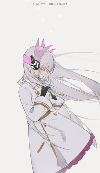 Rule 34 | 1girl, absurdres, black gloves, buttons, closed eyes, dress, frills, gloves, grey background, grey hair, happy birthday, headgear, headphones, highres, liv: eclipse (pgr), liv (pgr), long hair, long sleeves, punishing: gray raven, white dress, white hair, xtears kitsune