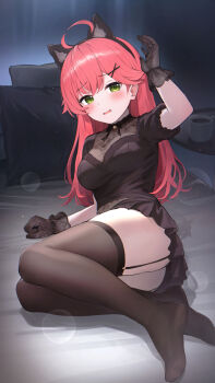 1girl ahoge alternate_costume animal_ear_hairband animal_ears arm_support black_dress black_gloves black_thighhighs blush cat_ear_hairband cat_ears double-parted_bangs dress fake_animal_ears feet full_body garter_straps gloves green_eyes hair_ornament hairband highres hololive indoors lace lace_gloves long_hair looking_at_viewer mimihachi no_shoes on_bed open_mouth pink_hair puffy_short_sleeves puffy_sleeves sakura_miko short_dress short_sleeves solo thighhighs virtual_youtuber wavy_mouth x_hair_ornament
