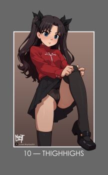 1girl adjusting_clothes adjusting_legwear artist_name black_panties black_ribbon black_shoes black_skirt black_thighhighs blue_eyes blush border breasts brown_background brown_hair closed_mouth clothes_lift commentary dressing english_commentary english_text fate/stay_night fate_(series) female_pubic_hair foot_out_of_frame foot_up frown gluteal_fold grey_border hair_ribbon hands_on_own_knee highres knee_up leg_up light_blush light_frown long_hair long_sleeves looking_down mary_janes nayt_layt nose_blush outside_border panties pantyshot parted_bangs pleated_skirt pubic_hair pussy pussy_peek red_sweater ribbon see-through_clothes see-through_panties shoes signature skindentation skirt skirt_lift small_breasts solo sweater thighhighs thighhighs_pull thighs tohsaka_rin turtleneck turtleneck_sweater twitter_username twitter_x_logo two_side_up uncensored underwear v-shaped_eyebrows variant_set wardrobe_malfunction watermark web_address white_border