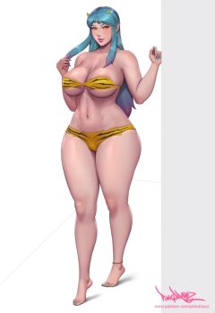 animal_print barefoot bikini blue_nails breasts cleavage collarbone cone_horns feet fur_bikini horns large_breasts looking_at_viewer lum navel oni pinkdrawz print_bikini print_boots small_horns smile strapless strapless_bikini striped_horns swimsuit thick_lips thick_thighs thighs tiger_panties tiger_print toenails urusei_yatsura wide_hips yellow_bikini yellow_horns