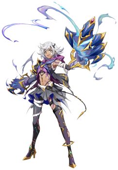 Rule 34 | 1girl, :d, absurdres, anklet, armor, asymmetrical legwear, asymmetrical sleeves, bandage on cheek, bandage on face, bandaged arm, bandaged leg, bandages, belt, black gloves, blue sailor collar, body markings, breasts, dark-skinned female, dark skin, detached sleeves, earclip, elbow gloves, floating clothes, full body, game cg, gauntlets, gloves, gold anklet, gold shoes, gold trim, grey eyes, grey hair, grey shirt, grey skirt, hair ornament, high heels, highres, hood, hood down, jewelry, langrisser, langrisser mobile, looking at viewer, magic, miniskirt, navel, official art, open clothes, open mouth, pauldrons, purple hood, purple shirt, sailor collar, second-party source, shirt, shoes, short hair, shoulder armor, simple background, single bare shoulder, single elbow glove, single glove, single pauldron, skirt, sleeveless, sleeveless shirt, smile, solo, standing, tachi-e, tatalia (langrisser), teeth, thigh strap, thighhighs, torn clothes, torn shirt, torn skirt, torn thighhighs, transparent background, two-sided shirt, underboob, uneven legwear