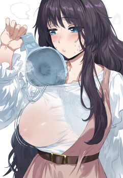 1girl belt black_hair blue_bra blue_eyes blush bra breasts brown_belt commentary covered_erect_nipples english_commentary flying_sweatdrops frilled_sleeves frills hand_up hews highres inverted_nipples kaoru_hana_wa_rin_to_saku large_breasts long_hair long_sleeves looking_to_the_side parted_lips removing_bra_under_shirt shirt solo sweat underwear unfinished upper_body very_long_hair waguri_kaoruko white_shirt