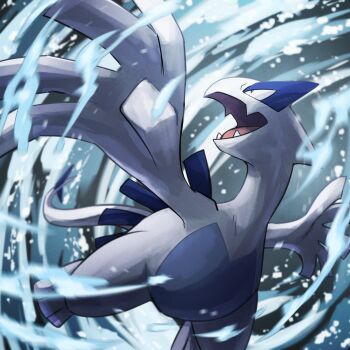 absurdres bird commentary_request fangs gen_2_pokemon highres legendary_pokemon lugia nintendo no_humans open_mouth pokemon pokemon_(creature) pokemon_focus skin_fangs solo spicyichizo tail water wings