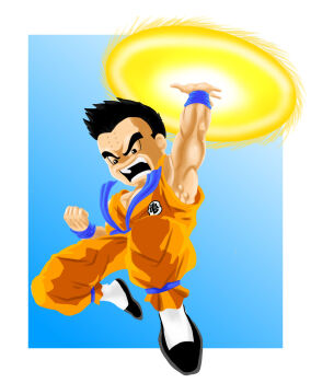 1boy black_eyes black_hair dragon_ball dragon_ball_super flying kienzan kuririn looking_at_viewer looking_down muscular muscular_male serious solo