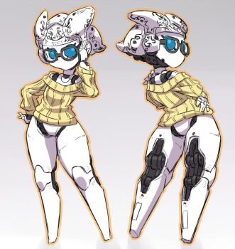 1girl blue_eyes drossel_von_flugel fireball_(series) front_and_back glasses hand_on_own_hip humanoid_robot joints no_mouth robot robot_girl robot_joints solo sweater thighs yabe_makoto yellow_sweater