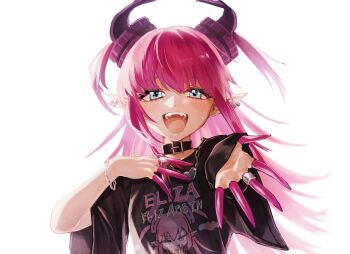 1girl aqua_eyes black_shirt blush commentary dragon_horns ear_piercing elizabeth_bathory_(fate) elizabeth_bathory_(perfect)_(first_ascension)_(fate) fate/grand_order fate_(series) hand_on_own_chest highres horns long_hair looking_at_viewer mozu_(teluto) open_mouth piercing pointy_ears purple_hair purple_horns reaching reaching_towards_viewer shirt simple_background smile solo sweat white_background