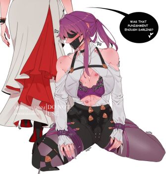 2girls belazarts bite_mark bite_mark_on_breast bite_mark_on_shoulder black_gloves black_shoes black_shorts blindfold blush bra clothing_cutout commentary dress english_commentary english_text gag gloves hand_on_another&#039;s_face heart high_heels highres himeko_(honkai:_star_rail) honkai:_star_rail honkai_(series) kafka_(honkai:_star_rail) lipstick_mark lipstick_mark_on_breast lipstick_mark_on_shoulder lipstick_mark_on_stomach long_sleeves mask multiple_girls open_clothes open_shirt pantyhose pink_nails plug_gag ponytail purple_bra purple_eyes purple_lips purple_pantyhose red_hair red_nails saliva shirt shoes shorts shoulder_cutout simple_background sleeves_past_wrists smile speech_bubble underwear white_background white_dress white_shirt yuri